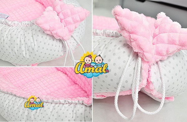 AMAL SET oboustranné hnízdo + polštářek MINKY, růžové + šedá a růžová srdce